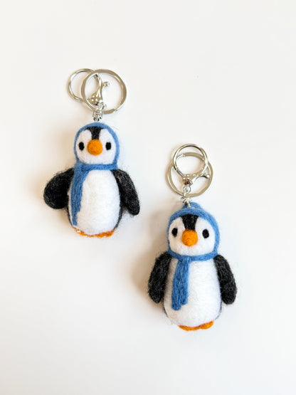 Penguin Felted Wool Keyring/Clip - Blue