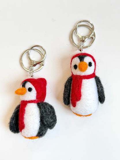 Penguin Felted Wool Keyring/Clip - Red