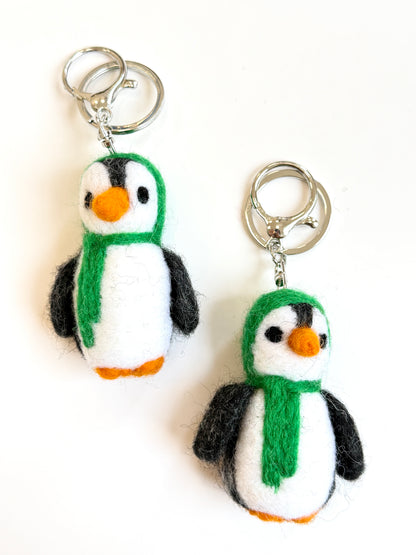 Penguin Felted Wool Keyring/Clip - Green