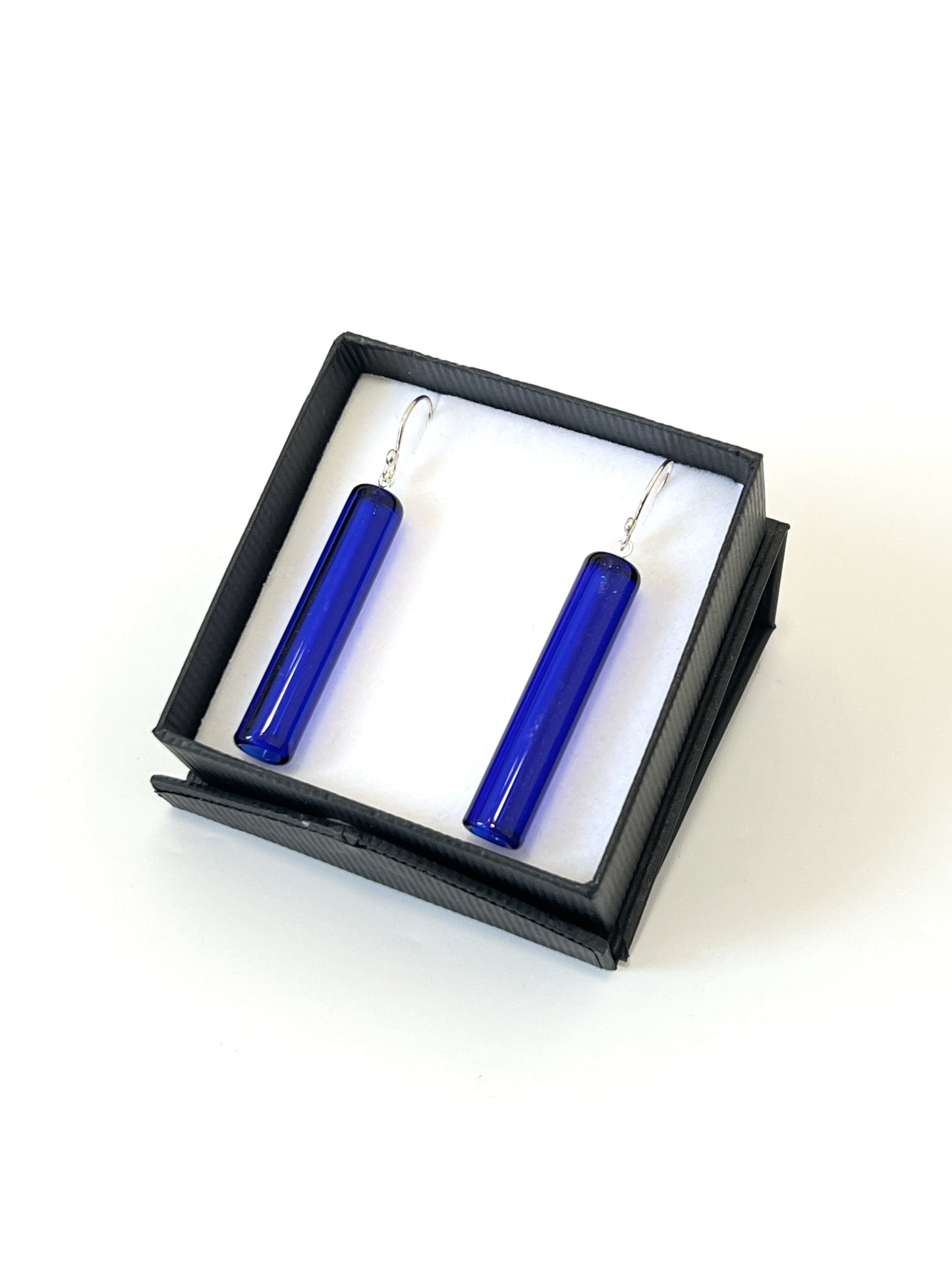 Glass Cylinder & Sterling Silver Earrings - Cobalt Blue