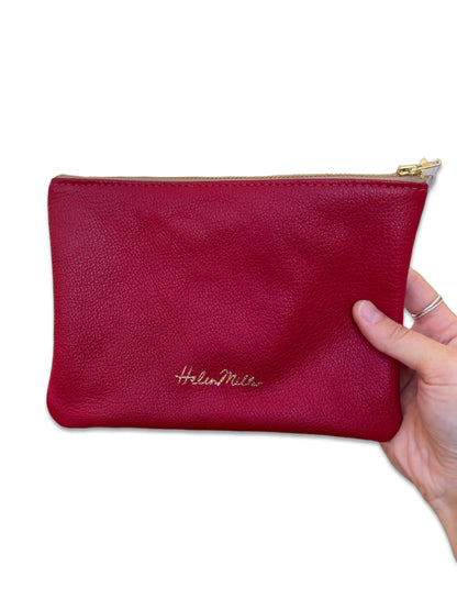 Leather Zip Clutch - 20cm - Red Leather with inside pocket
