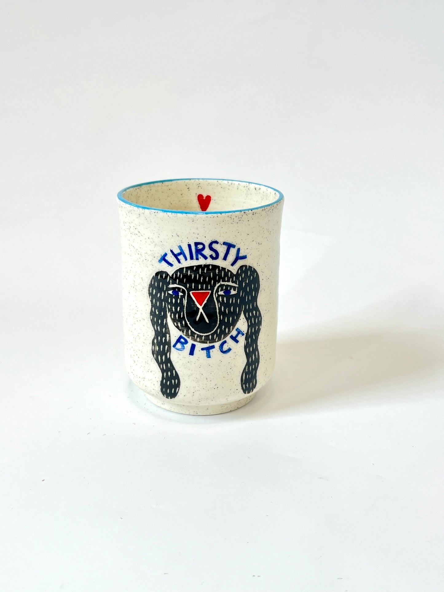 Ceramic Cup by Studio Soph - "Thirsty Bitch" with Blue Rim