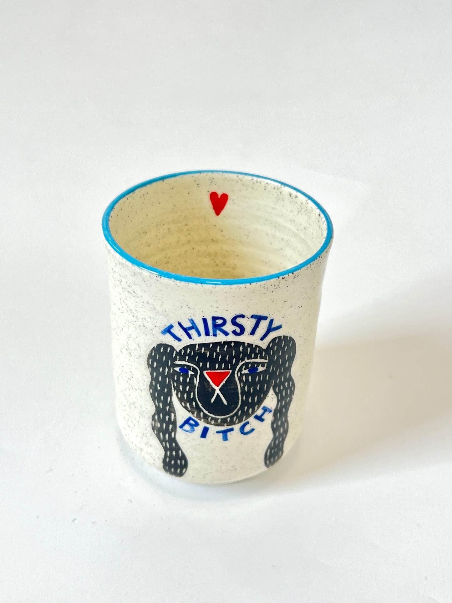 Ceramic Cup by Studio Soph - "Thirsty Bitch" with Blue Rim