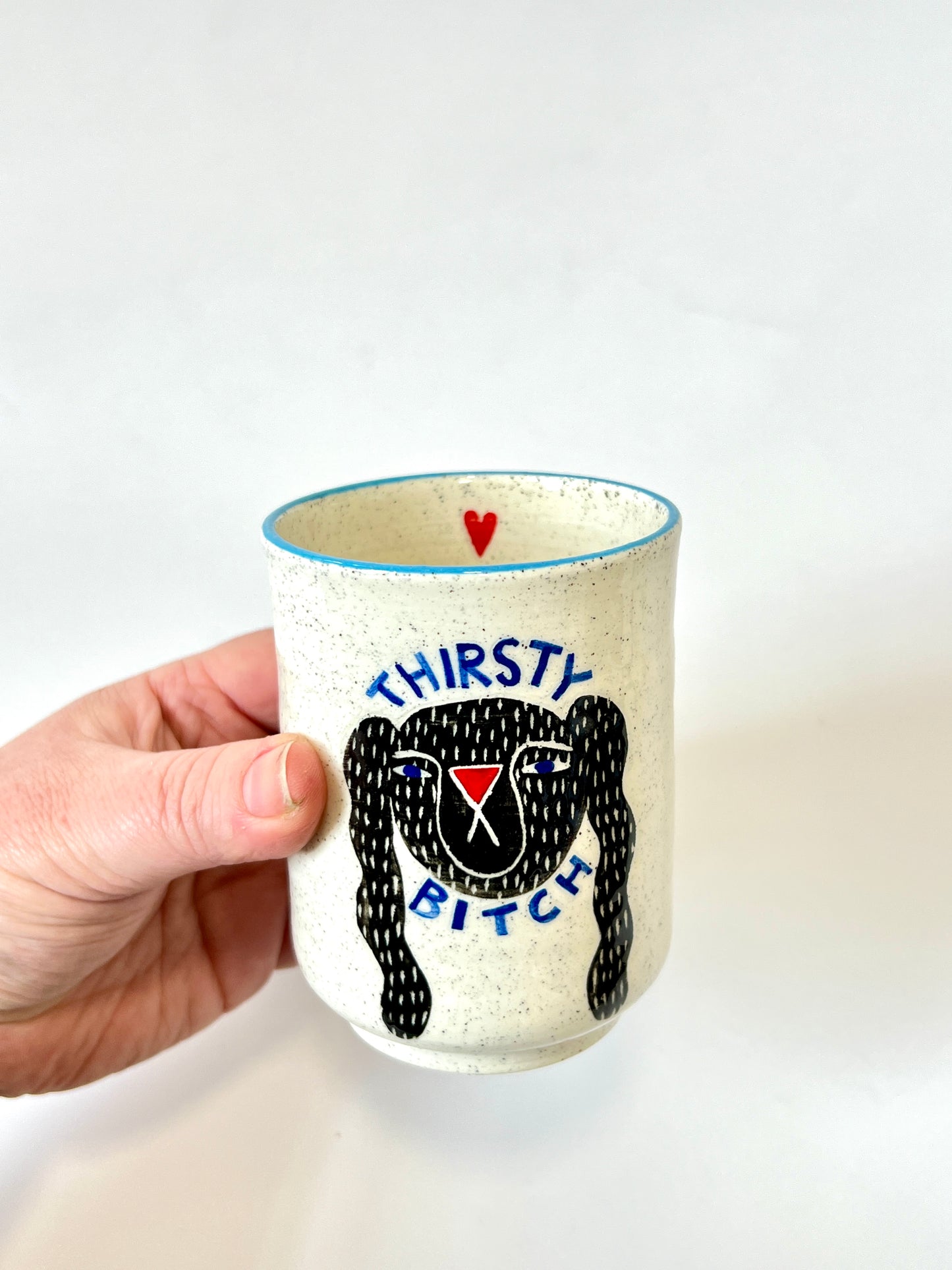 Ceramic Cup by Studio Soph - "Thirsty Bitch" with Blue Rim