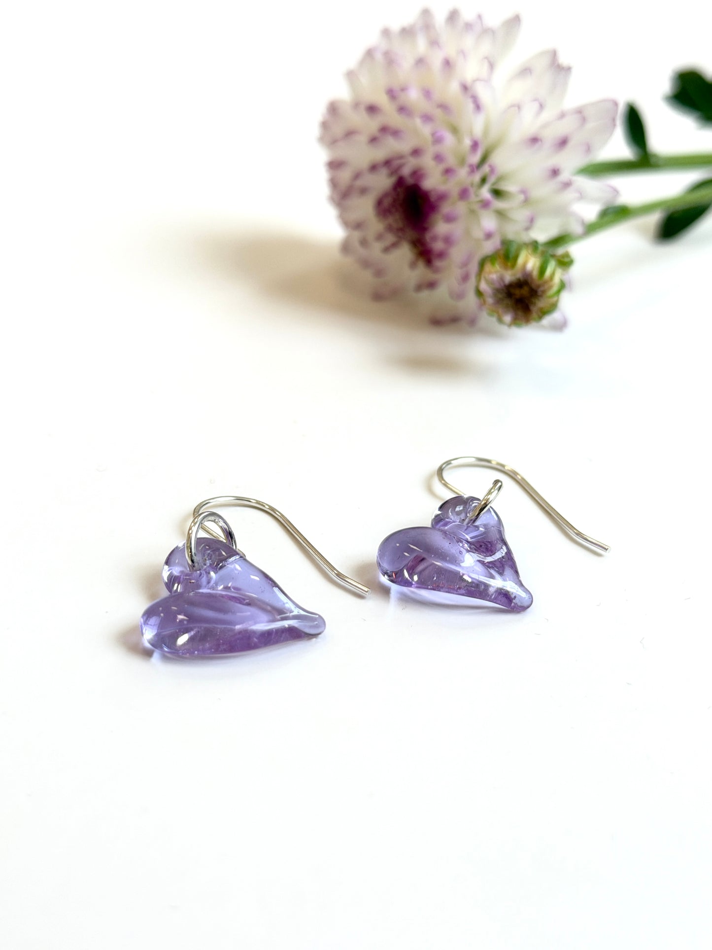 Glass Heart Hook Earrings - Lilac