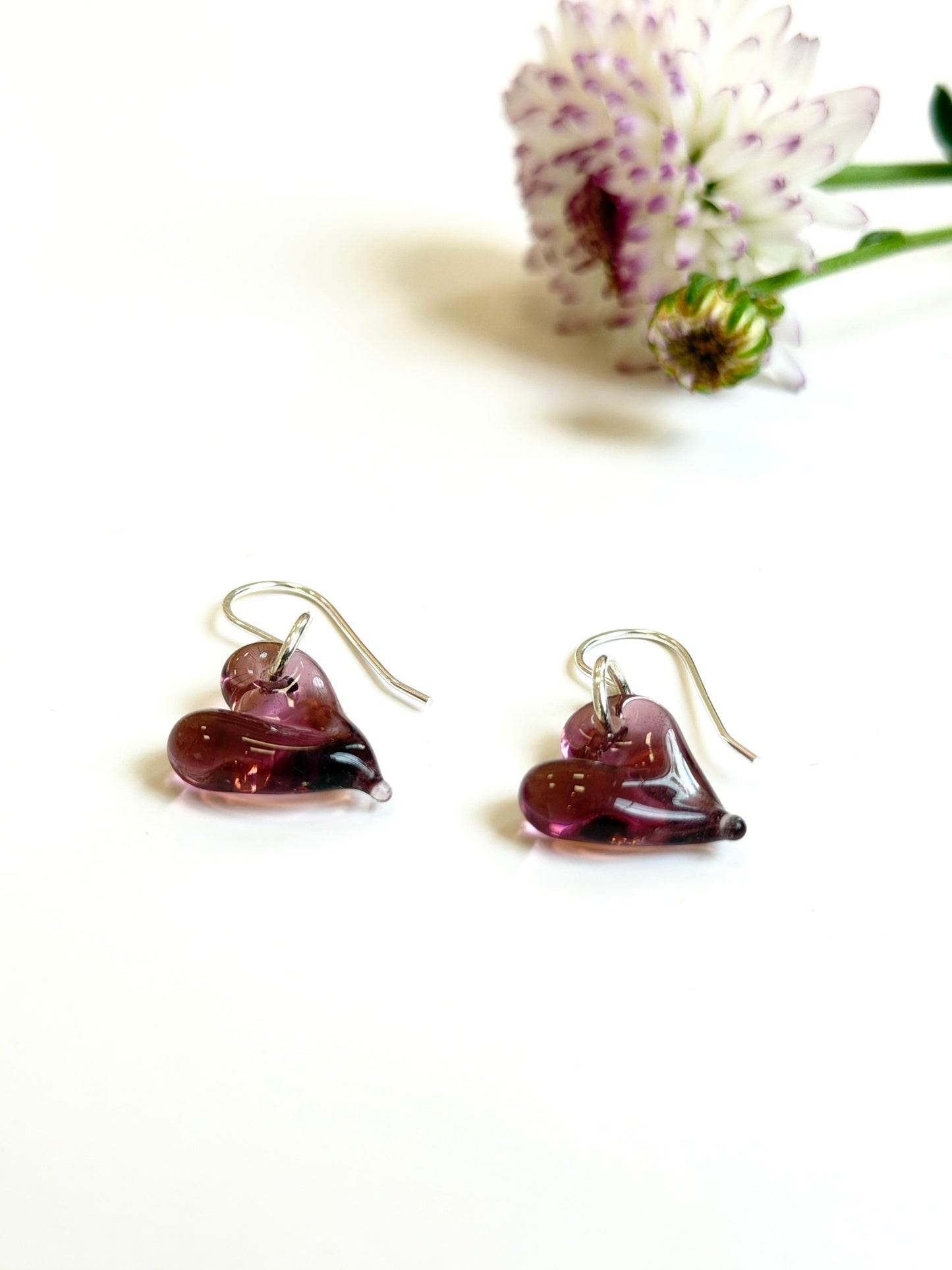 Glass Heart Hook Earrings - Aubergine