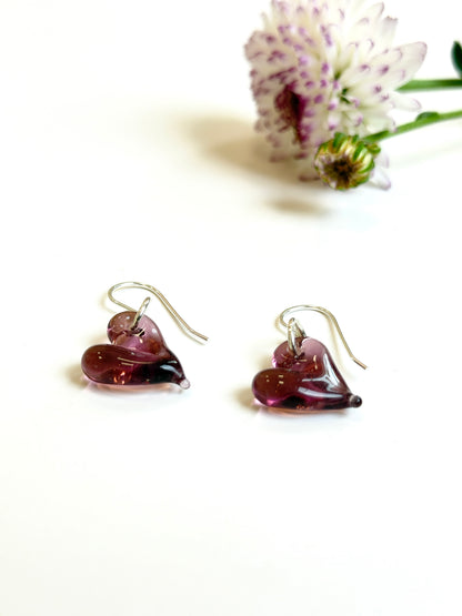 Glass Heart Hook Earrings - Aubergine