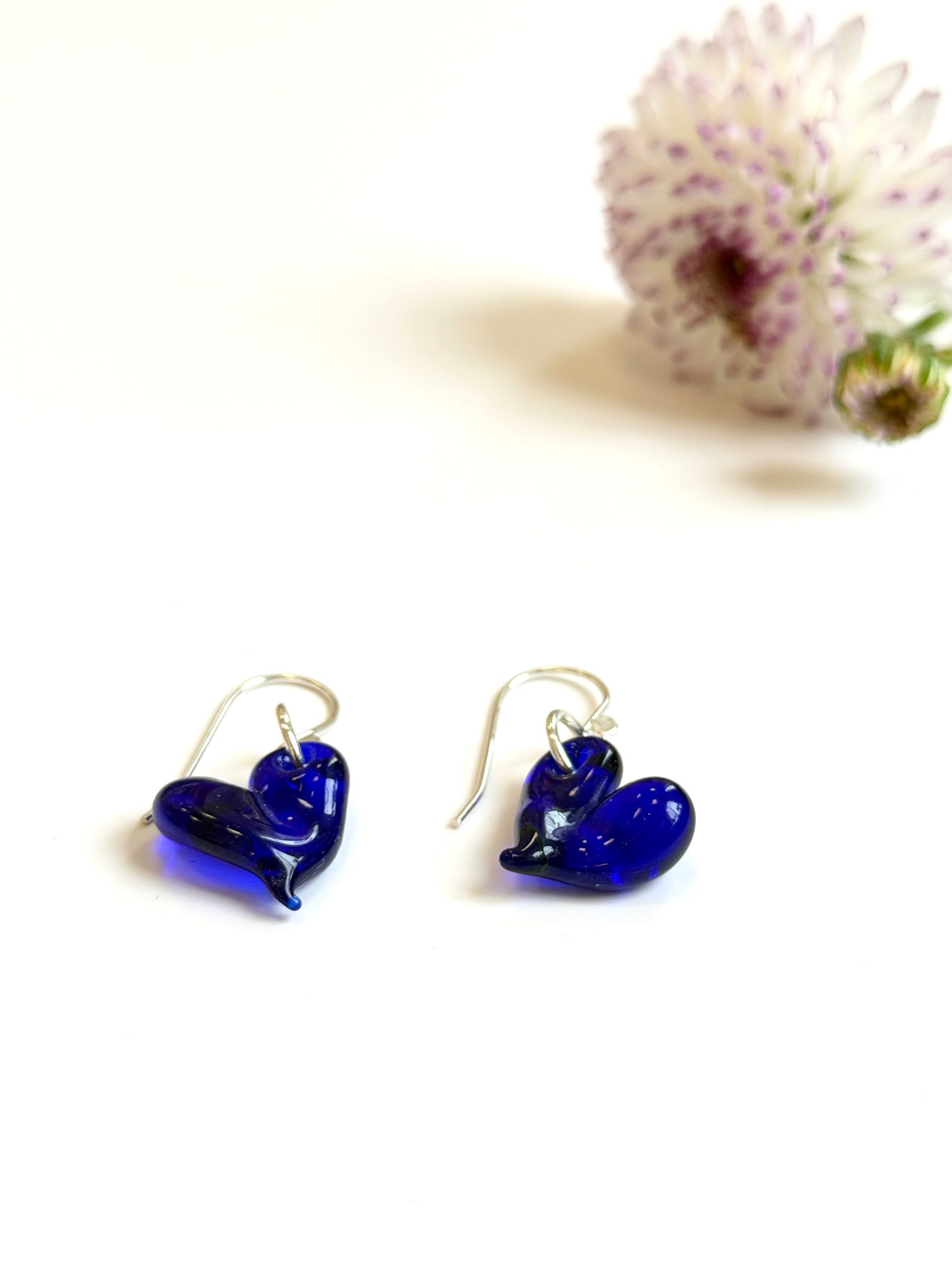 Glass Heart Hook Earrings - Cobalt
