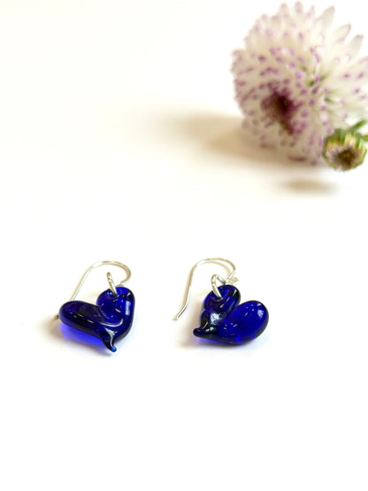 Glass Heart Hook Earrings - Cobalt