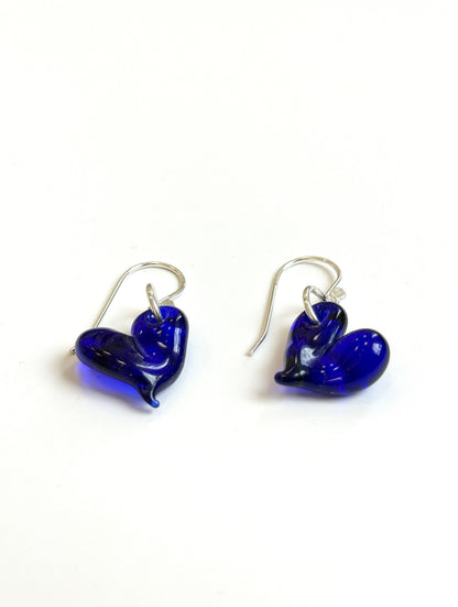 Glass Heart Hook Earrings - Cobalt