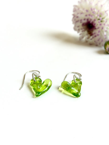 Glass Heart Hook Earrings - Peridot