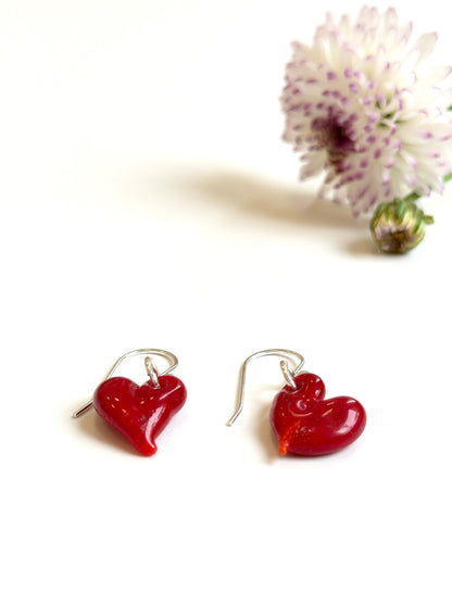 Glass Heart Hook Earrings - Red
