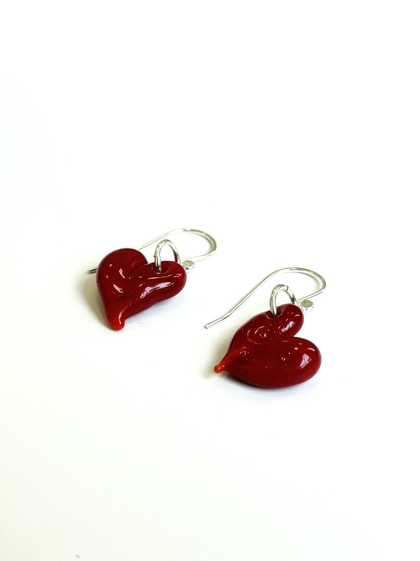 Glass Heart Hook Earrings - Red