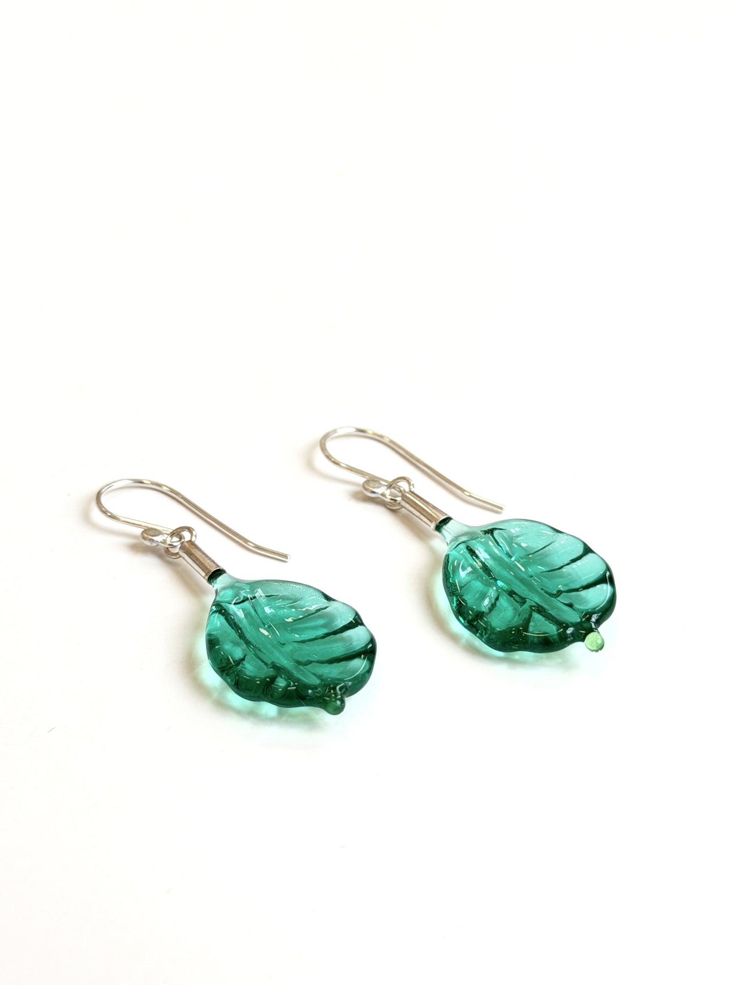 Glass Leaf Drop Earrings - Teal