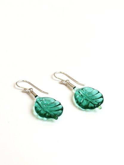 Glass Leaf Drop Earrings - Teal