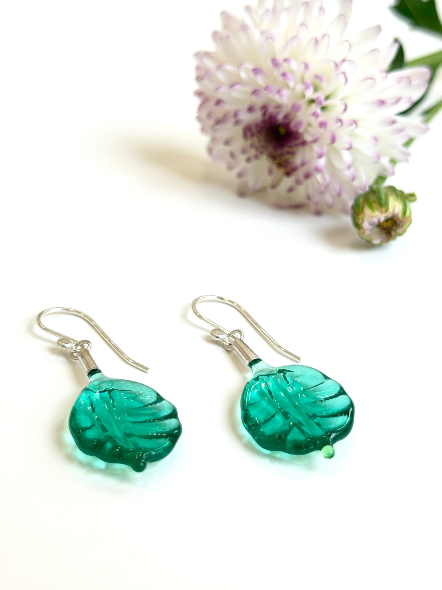 Glass Leaf Drop Earrings - Teal