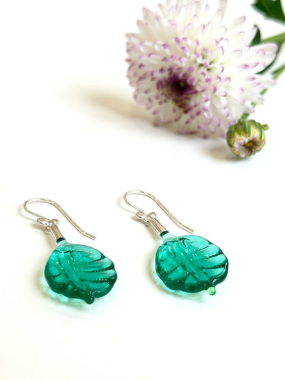 Glass Leaf Drop Earrings - Teal