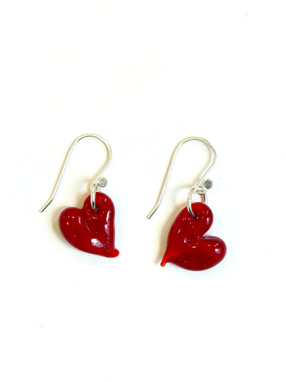 Glass Heart Hook Earrings - Red