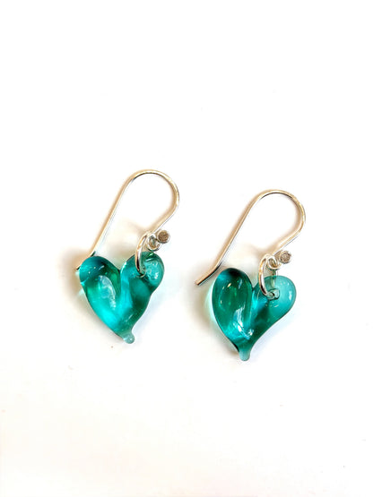 Glass Heart Hook Earrings - Teal
