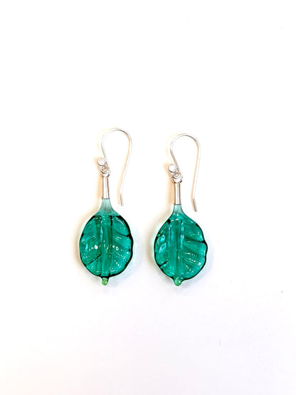 Glass Leaf Drop Earrings - Teal