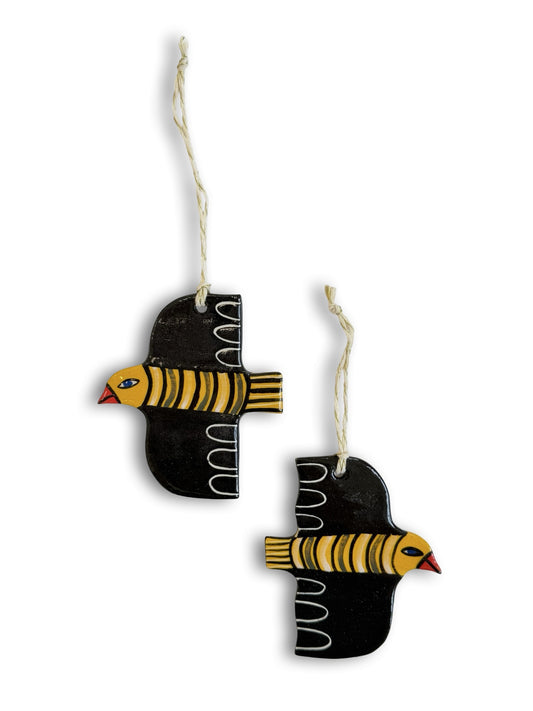 Yellow, Black Stripe & Scallop Ceramic Bird Decoration by Studio Soph
