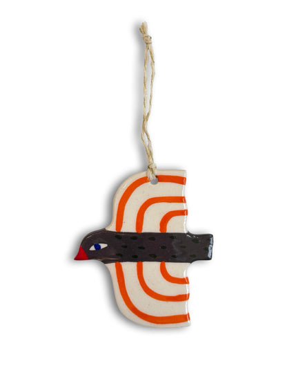 Olive Green, Orange & Stripes Ceramic Bird Decoration by Studio Soph