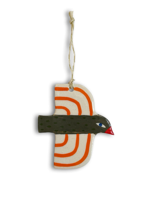 Olive Green, Orange & Stripes Ceramic Bird Decoration by Studio Soph