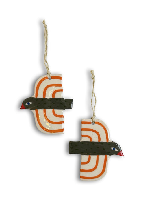 Olive Green, Orange & Stripes Ceramic Bird Decoration by Studio Soph