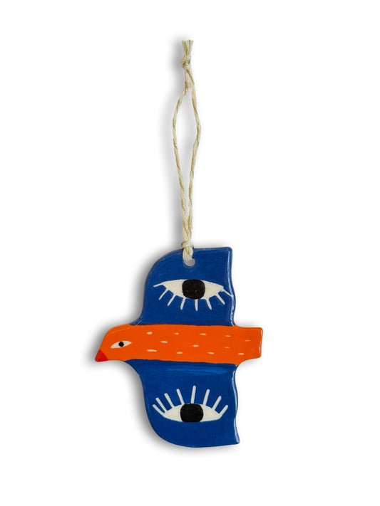 Orange, Dark Blue & Eyes Ceramic Bird Decoration by Studio Soph