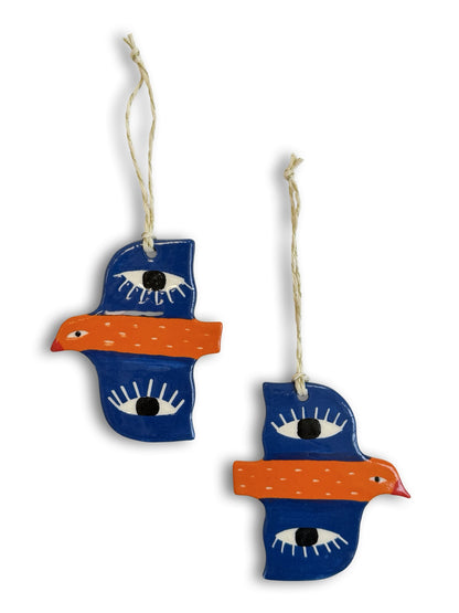 Orange, Dark Blue & Eyes Ceramic Bird Decoration by Studio Soph
