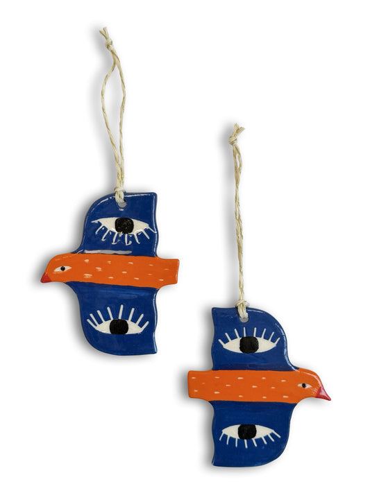 Orange, Dark Blue & Eyes Ceramic Bird Decoration by Studio Soph