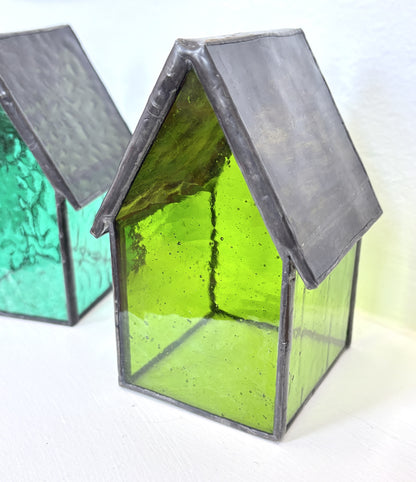 Stained Glass tea light House - Lime Green