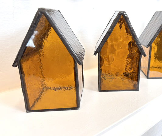 Stained Glass tea light House - Amber