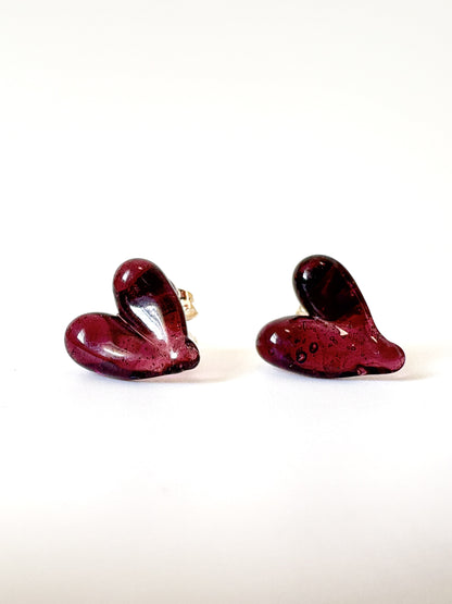 Glass Heart Studs - Aubergine