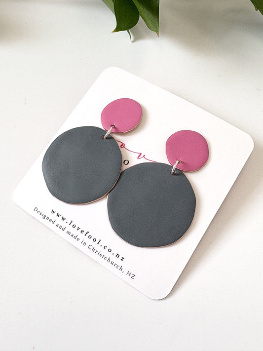 Polkadot Earrings - Neon Pink, Dark Grey