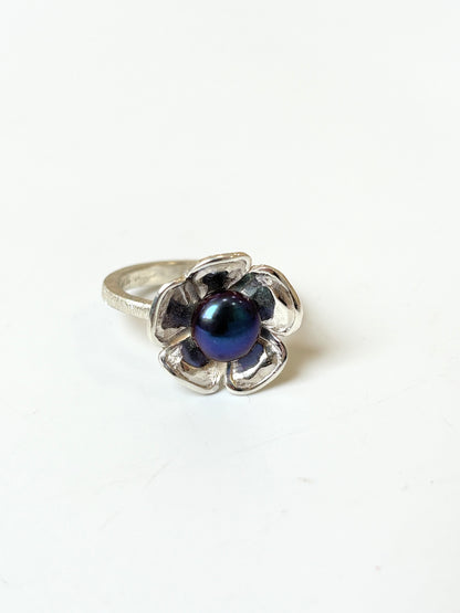 Cultured Black Pearl & Sterling Silver Ring (CI-21)