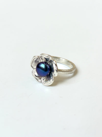 Cultured Black Pearl & Sterling Silver Ring (CI-21)