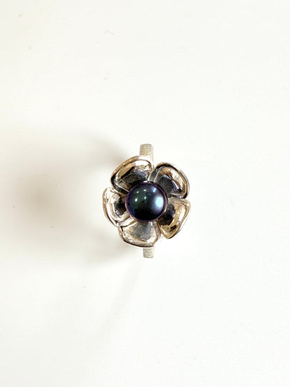 Cultured Black Pearl & Sterling Silver Ring (CI-21)