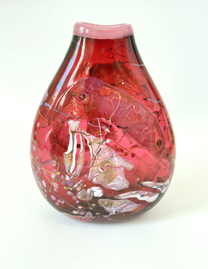 Large Oval Red Shard Handblown Glass Vase by Grinter Glass