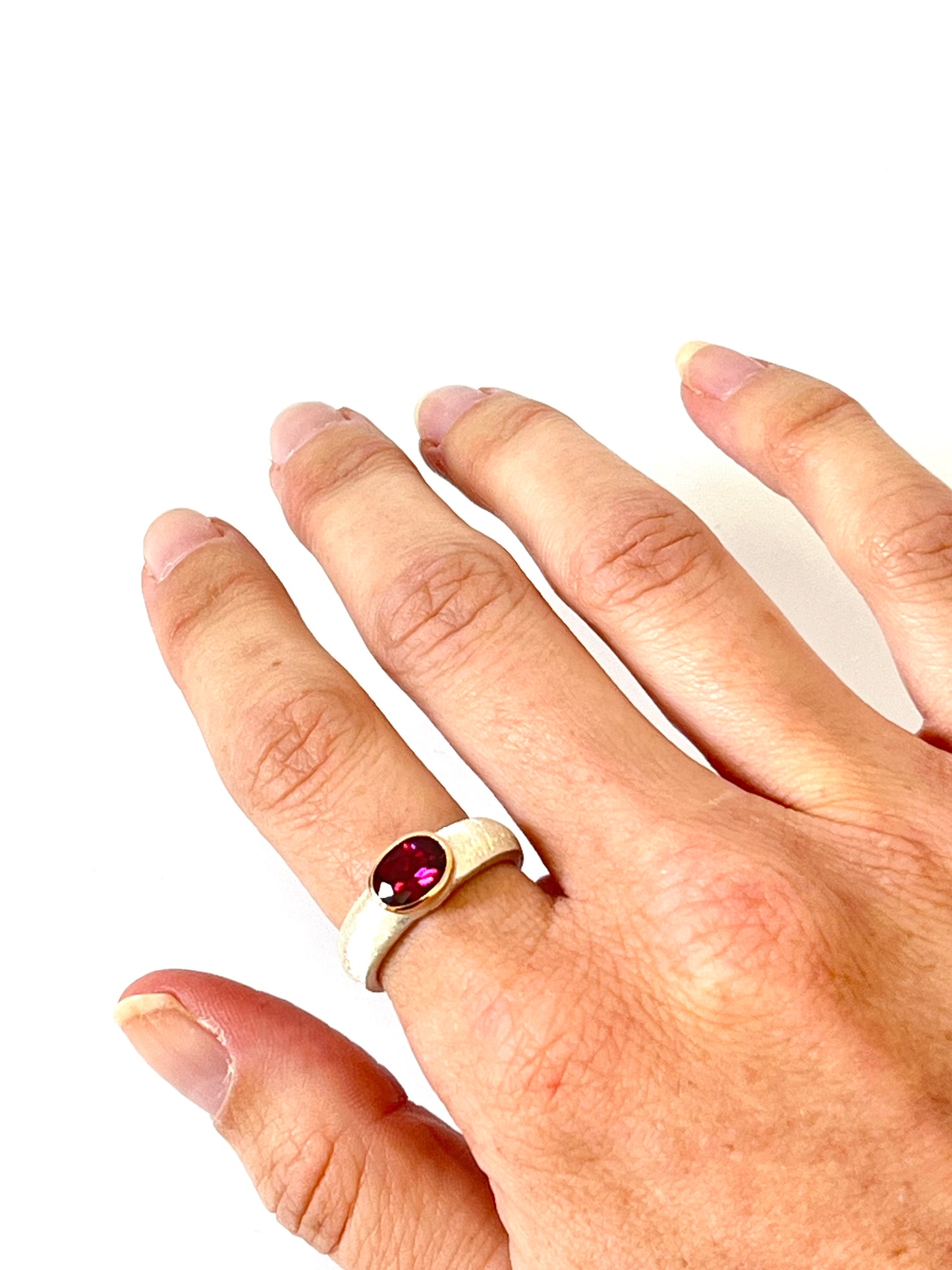 Rhodolite Garnet in Rose Gold & Textured Sterling Silver Ring (CI-0114)