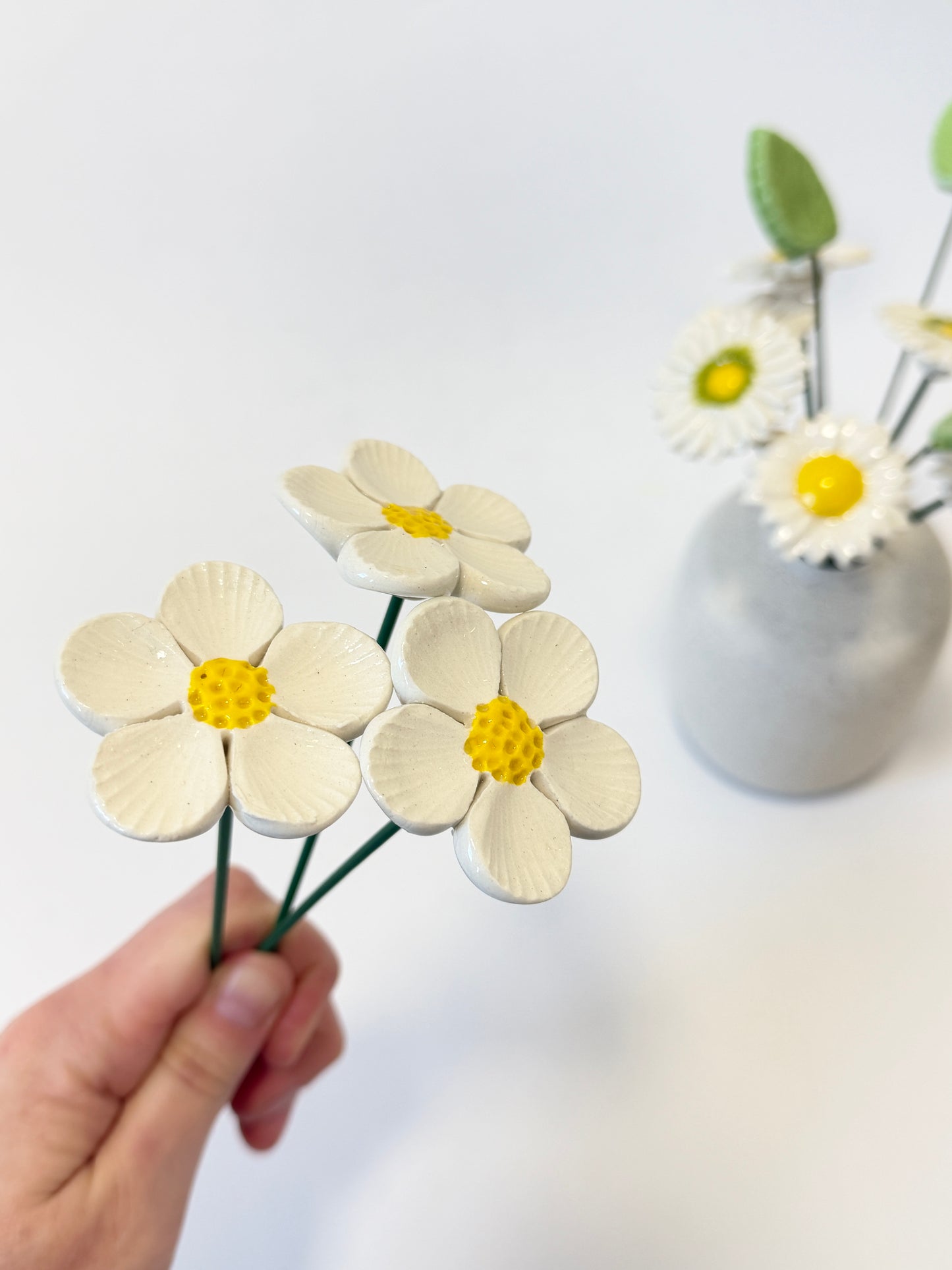 White 5 Petal  Ceramic Flower - Yellow textured centre
