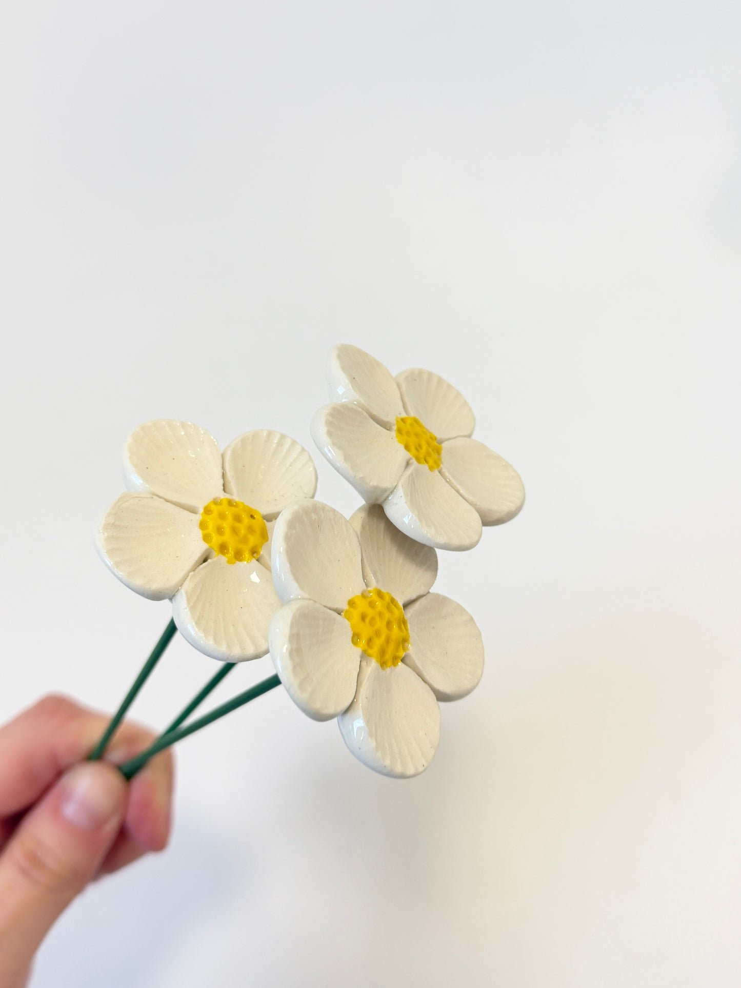 White 5 Petal  Ceramic Flower - Yellow textured centre