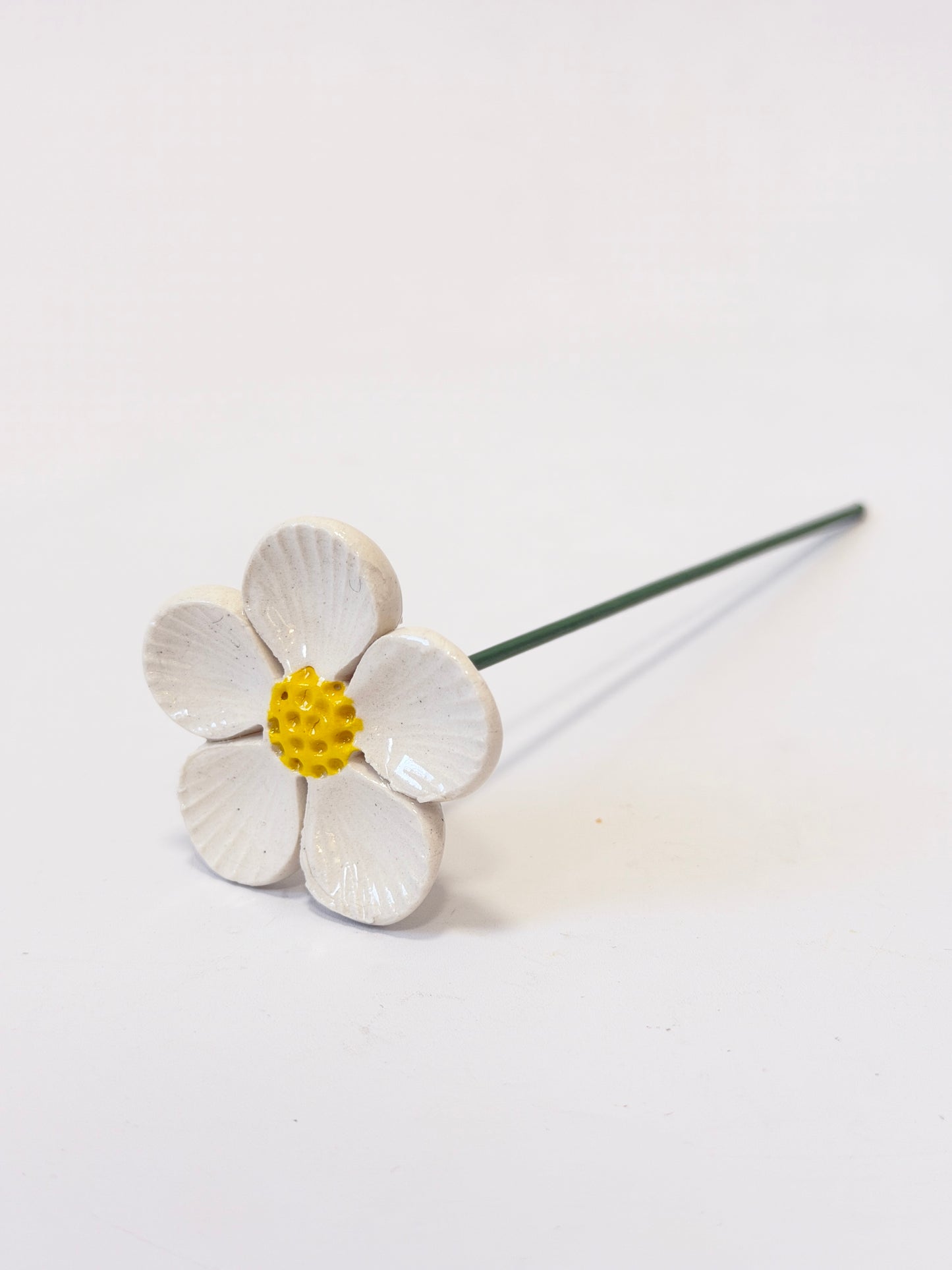 White 5 Petal  Ceramic Flower - Yellow textured centre