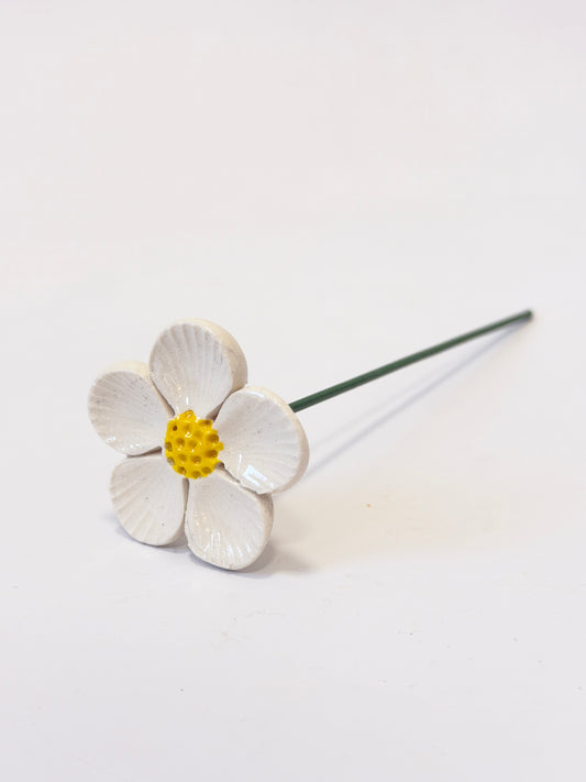White 5 Petal  Ceramic Flower - Yellow textured centre
