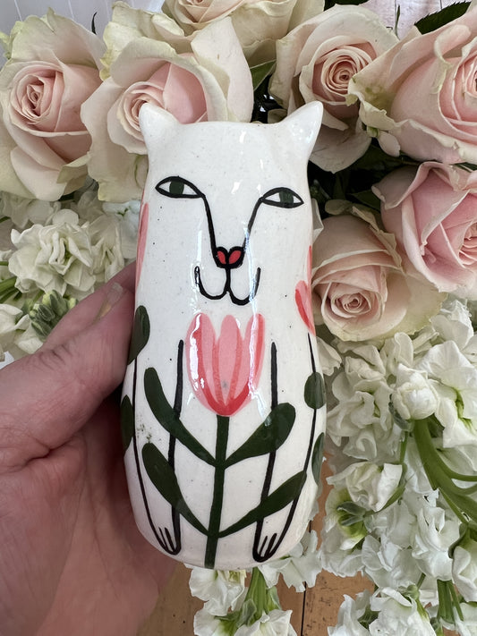 Mini Ceramic Happy Cat Vase by Studio Soph - Pink Tulips, Green Leaves