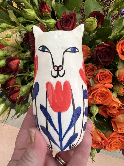 Mini Ceramic Happy Cat Vase by Studio Soph - Red Tulips, Blue Leaves