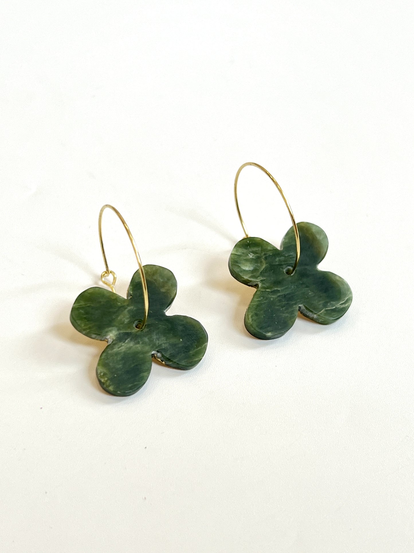 Reversible Gold Backed Four Leaf Clover Pounamu Earrings on Hoops (EA-GCL1)