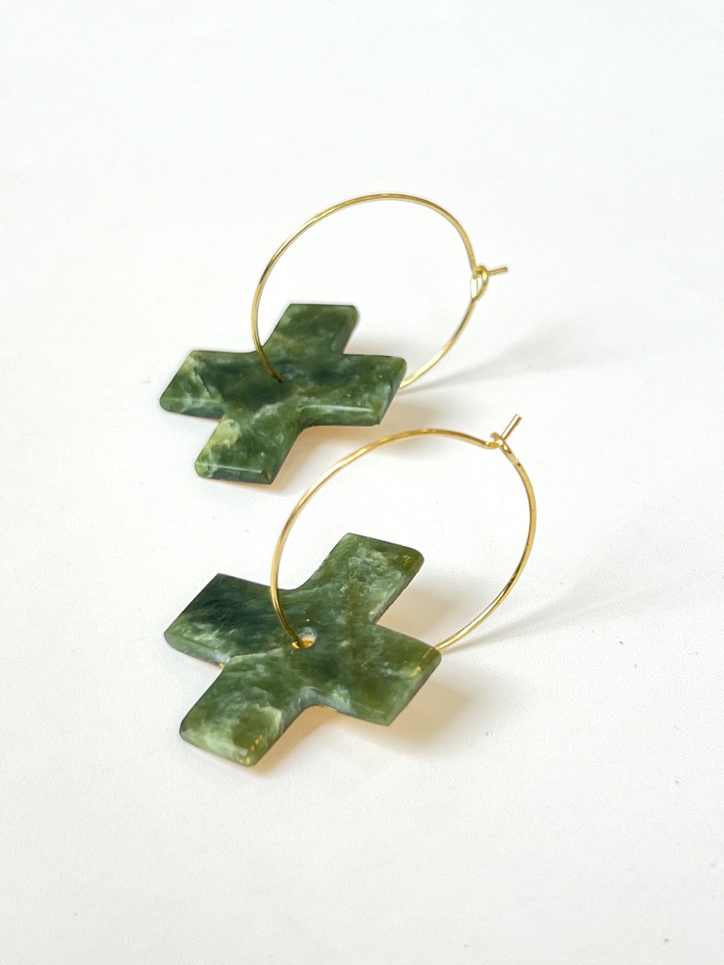 Reversible Gold-Backed Pounamu Cross Earrings on Hoops (EA-GC2)