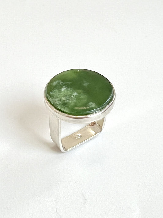 Large Flat Round Pounamu Ring on Square Shaped Band (RI-RO13)