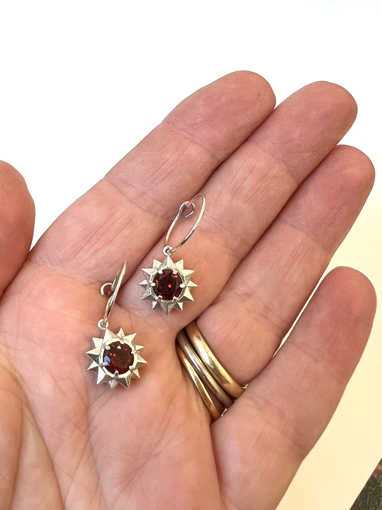 Silver Stardrop Hoop earrings - with Garnets